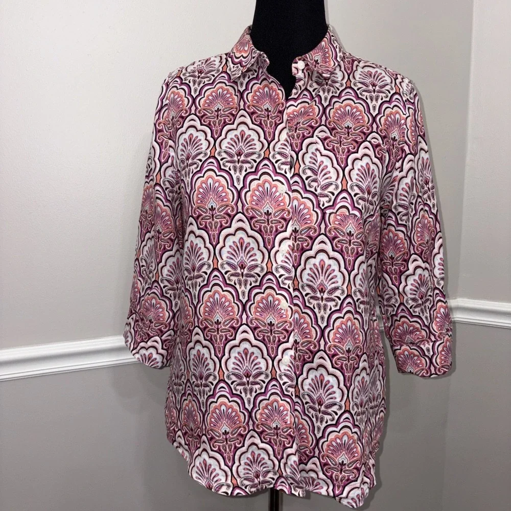 Chico's Top Womens Size 1 Pink‎ Linen No-Iron Paisley Button 3/4 Sleeve Career